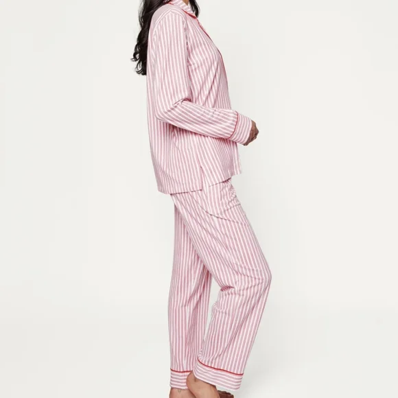 Petite Plume Pima Pajama Set In Antique Red Size Large Striped Embroidered EUC - Picture 2 of 16